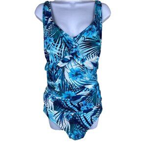 Maxine One Piece Swimsuit Size 20W Blue Floral Print Bathing Suit With Bra Cups